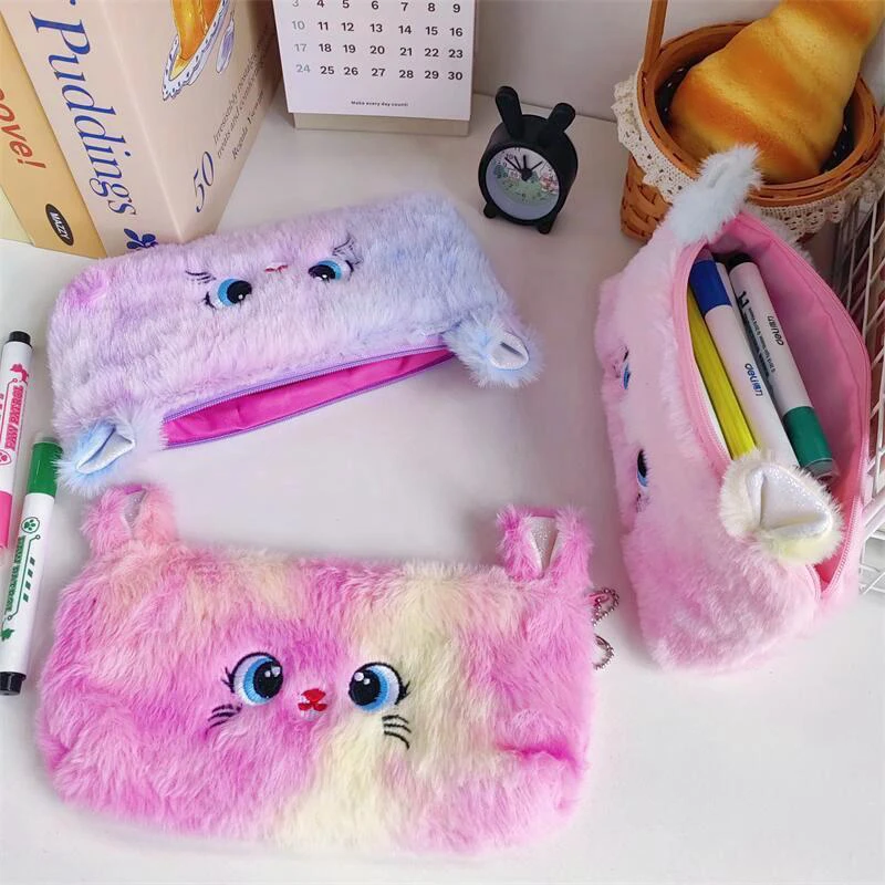 Bonito Gradiente Cor Gato Plush Pen Bag para Meninas, Estojo de grande capacidade, Coração Papelaria Fornecimento, Saco De Armazenamento, Porta-moedas, Novo Cartoon