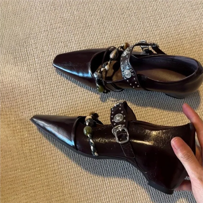 Retro-style rivet-beaded square-toe platform high-heel Mary Jane women's shallow-toe open-back elegant single shoe