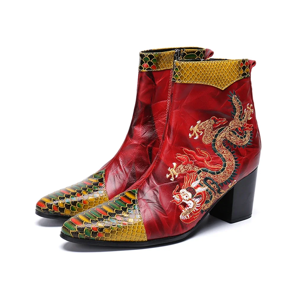 

Red Black Embroider Genuine Leather Thick High Heels Pointed Toe Zipper Boots Male Plus Size Fashion Party Dance Dress Shoes