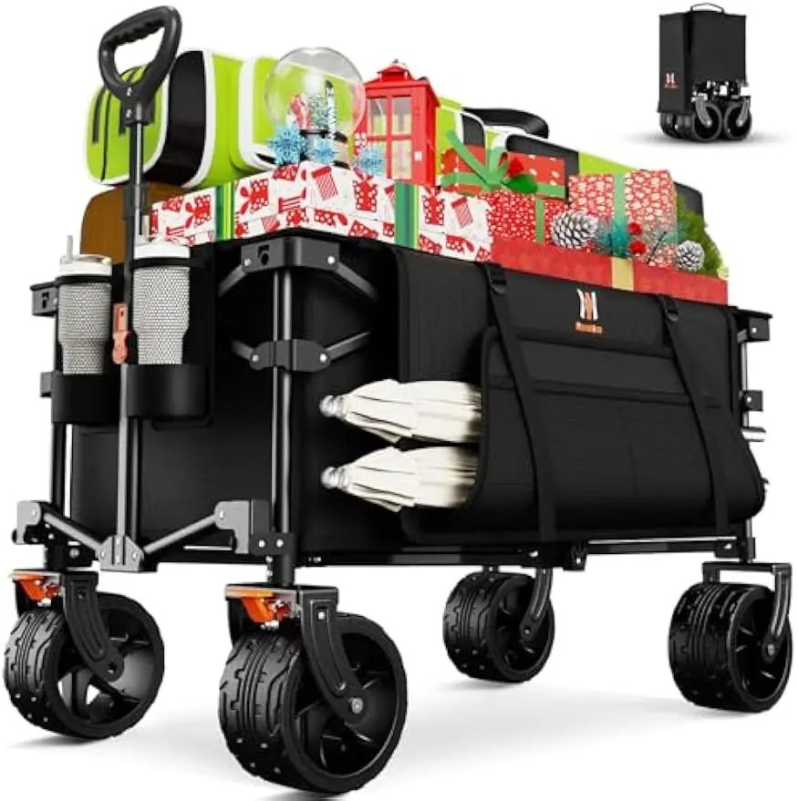 

Collapsible Heavy-Duty Wagon Cart with All-Terrain Wheels, Brakes, and Side Pocket for Beach Camping Sports