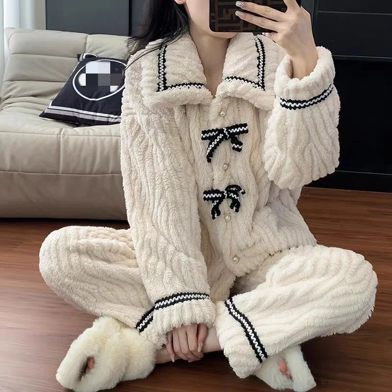 Winter Flannel Pajama Set for Women Warm Sleepwear Long Sleeve Pajamas Princess Style Nightwear Suit Casual Thick Home Clothes