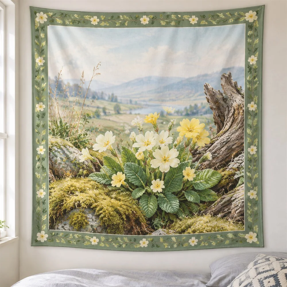 VIKAMA Primrose Cluster Tapestry Wall Hanging, Aesthetic Cottage Room Decor Tapestries for Kitchen Dining Room Living Room