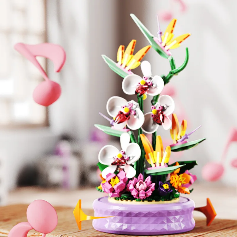 Mixed Flower Building Bricks, Rotatable Base Design, DIY Model, Tabletop Decor, Great Gift For Hobby Collectors.