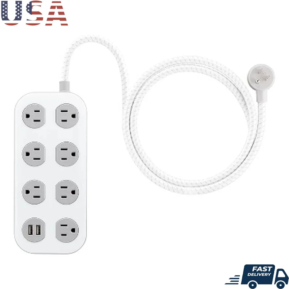 

7-Outlet Surge Protector with 2 USB-A Ports 1470J Braided Cord Extension Power Strip Home Office Electronics