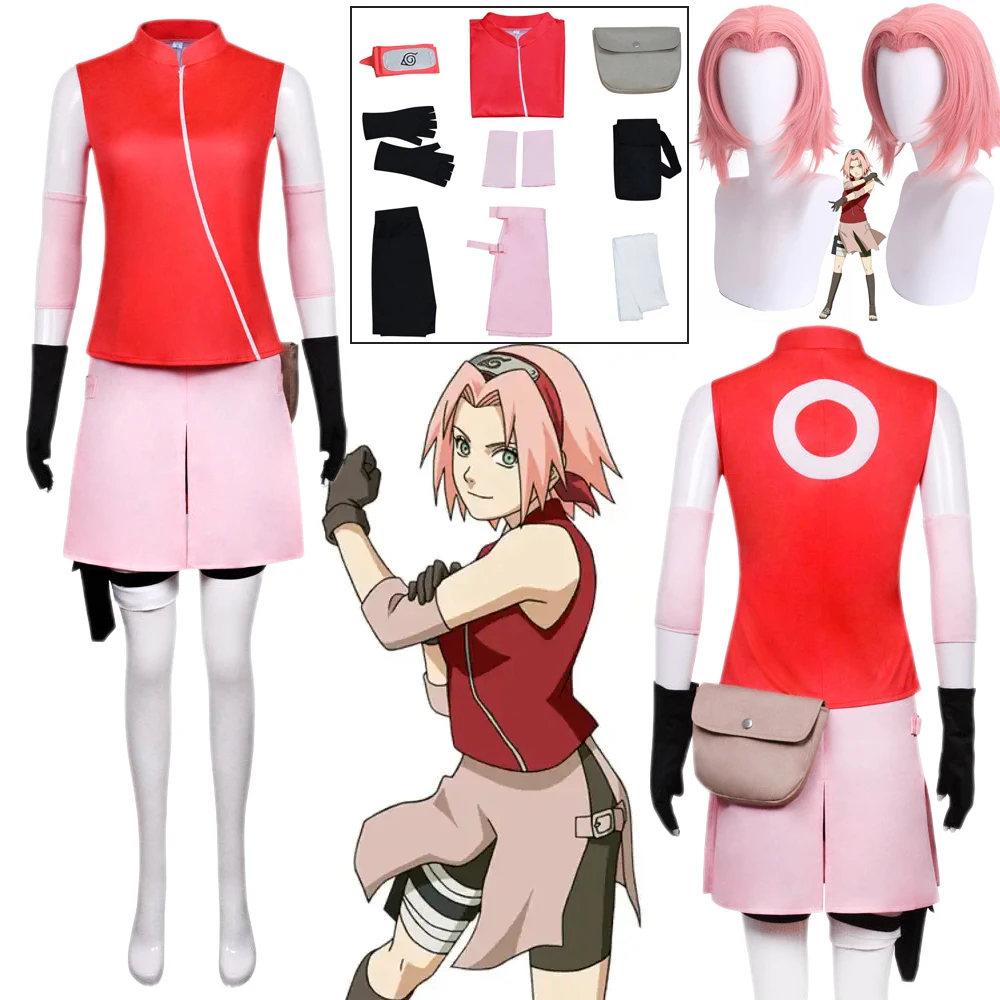 

Haruno Sakura Cosplay Costume Anime Ninja Sakura Red Tops Pink Skirt Battle Suit with Bag Full Set Women Cos Halloween Carnival