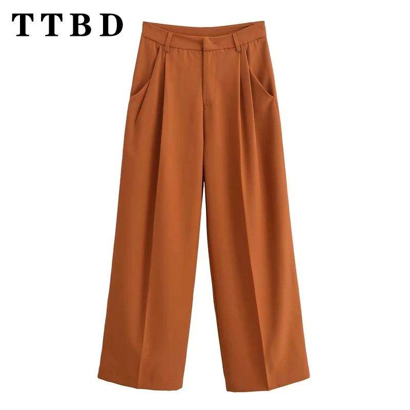 

TTBD 2024 New Autumn Women's Chic High Waist Pleated Wide Leg Pants Ladies Solid Straight Trousers Fashion Commuter Long Pant