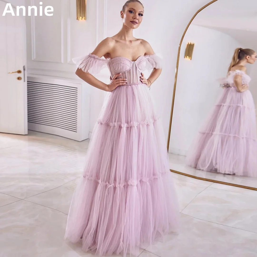 

Annie Pink Prom Dress Tulle Beading Formal Occasion Dress A-shaped Evening Dresses Sweetheart Corset Party Dresses Wedding Dress