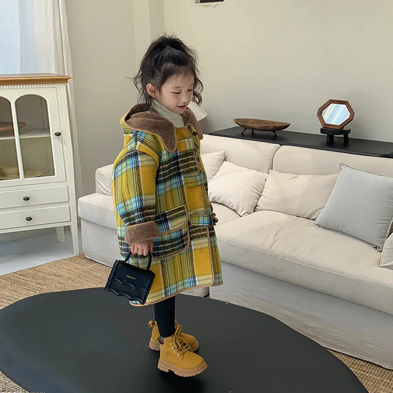Girl Top 2023 New Autumn Winter Fashion Style Plaid Fur Long Hooded Coat Baby Girl Fleece Thick Outerwear Children Clothes image 2
