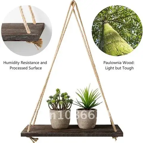 Wooden Wall Mounted Plant Flower Swing Shelf for Bedroom Home Decoration Hanging Rope Shelves