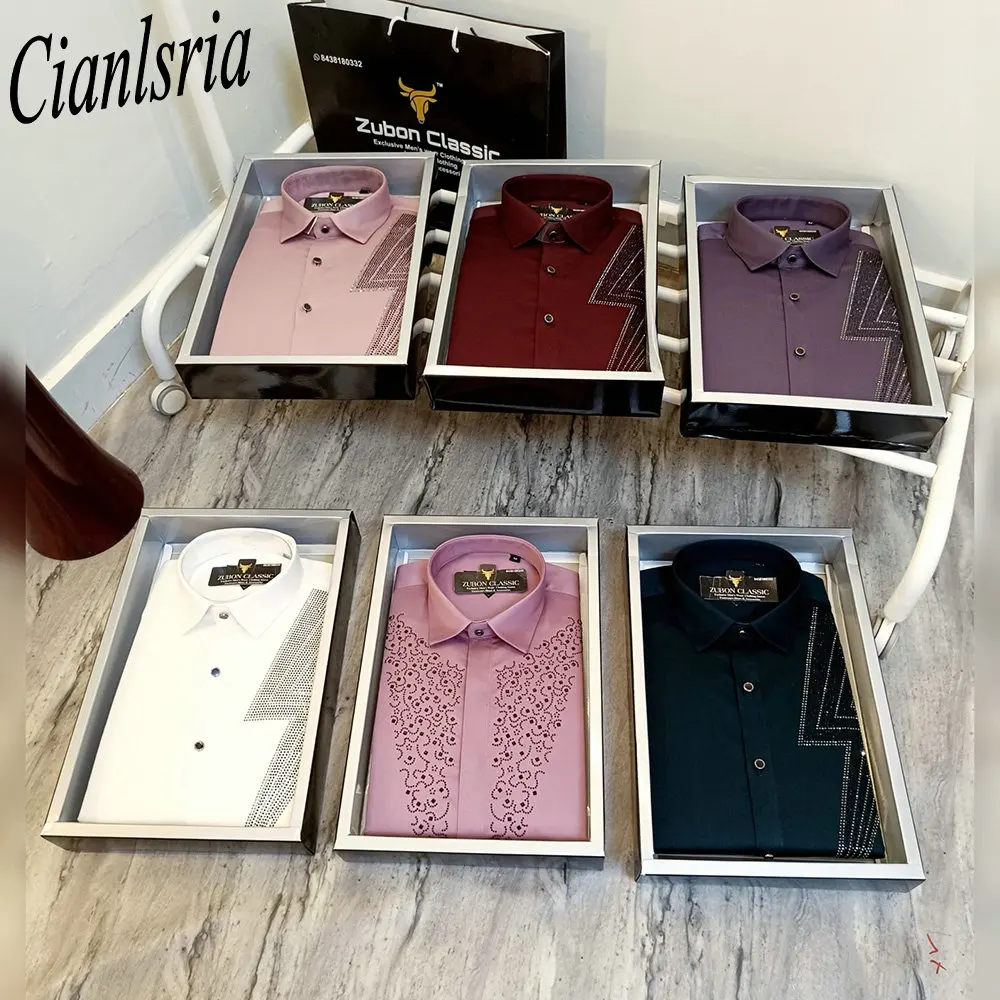 Men Luxury One‑Side Geometric V Rhinestone Long Sleeve Dress Shirt Formal Turn‑Down Collar Tops Wedding Party Suit Matching
