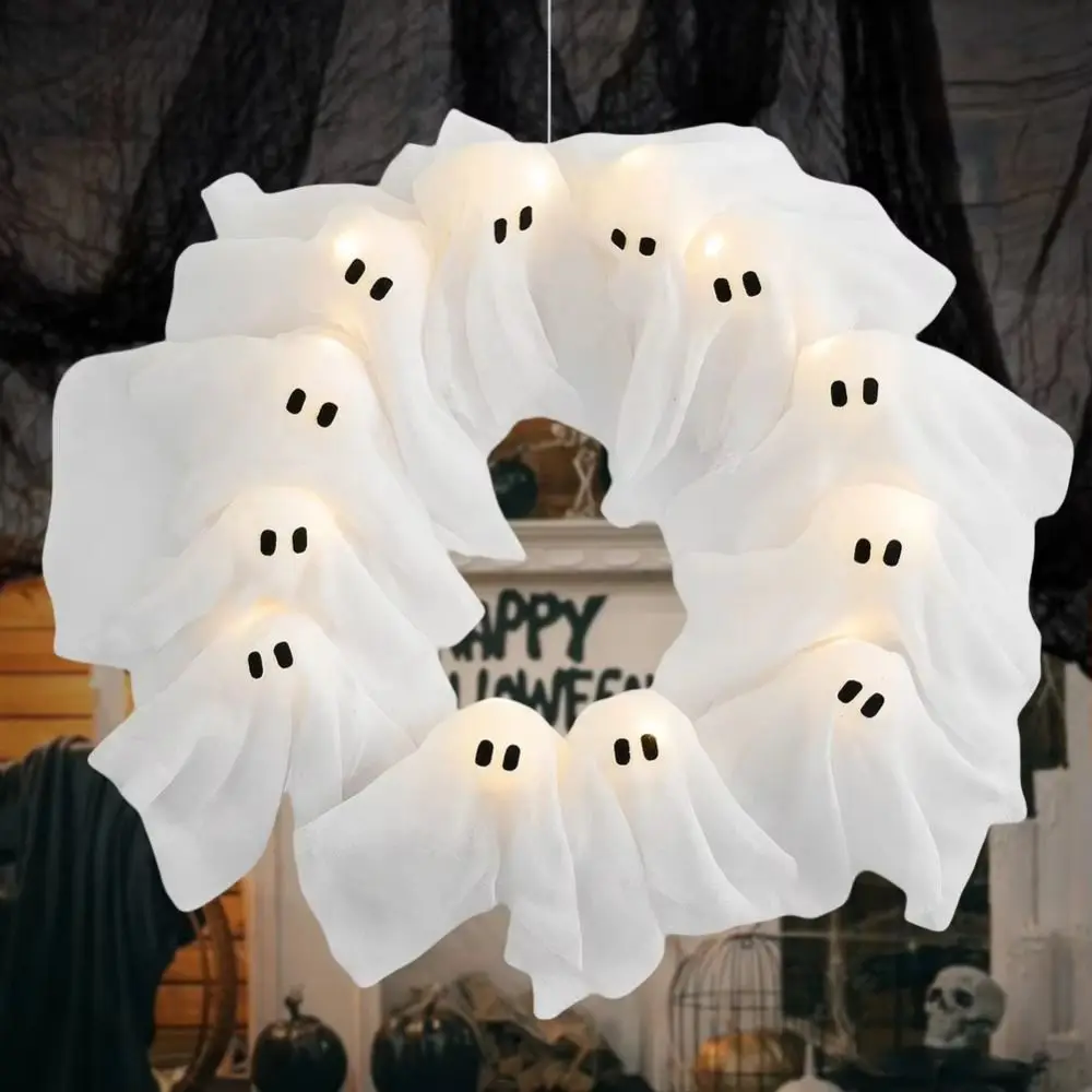 

Funny 11 LED Lights Ghost Wreath Creative Cartoon Halloween Wreath 35cm Wall Decor LED Light-Up Wreath Indoor Outdoor Decor