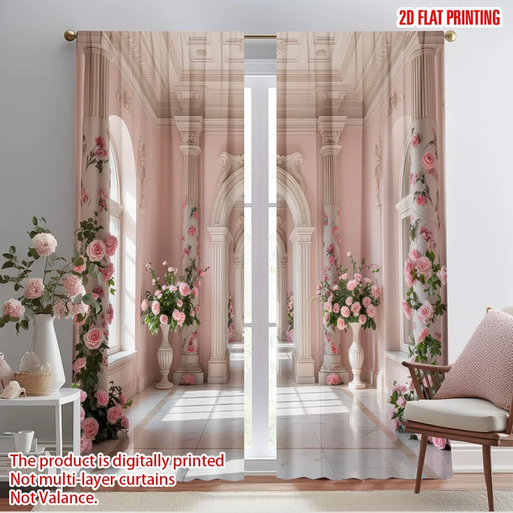 

2pcs 2D flat printing Window Drapes Hallway Rose Floral Polyester Without Electricity Festive Curtains for Booths Studio Props