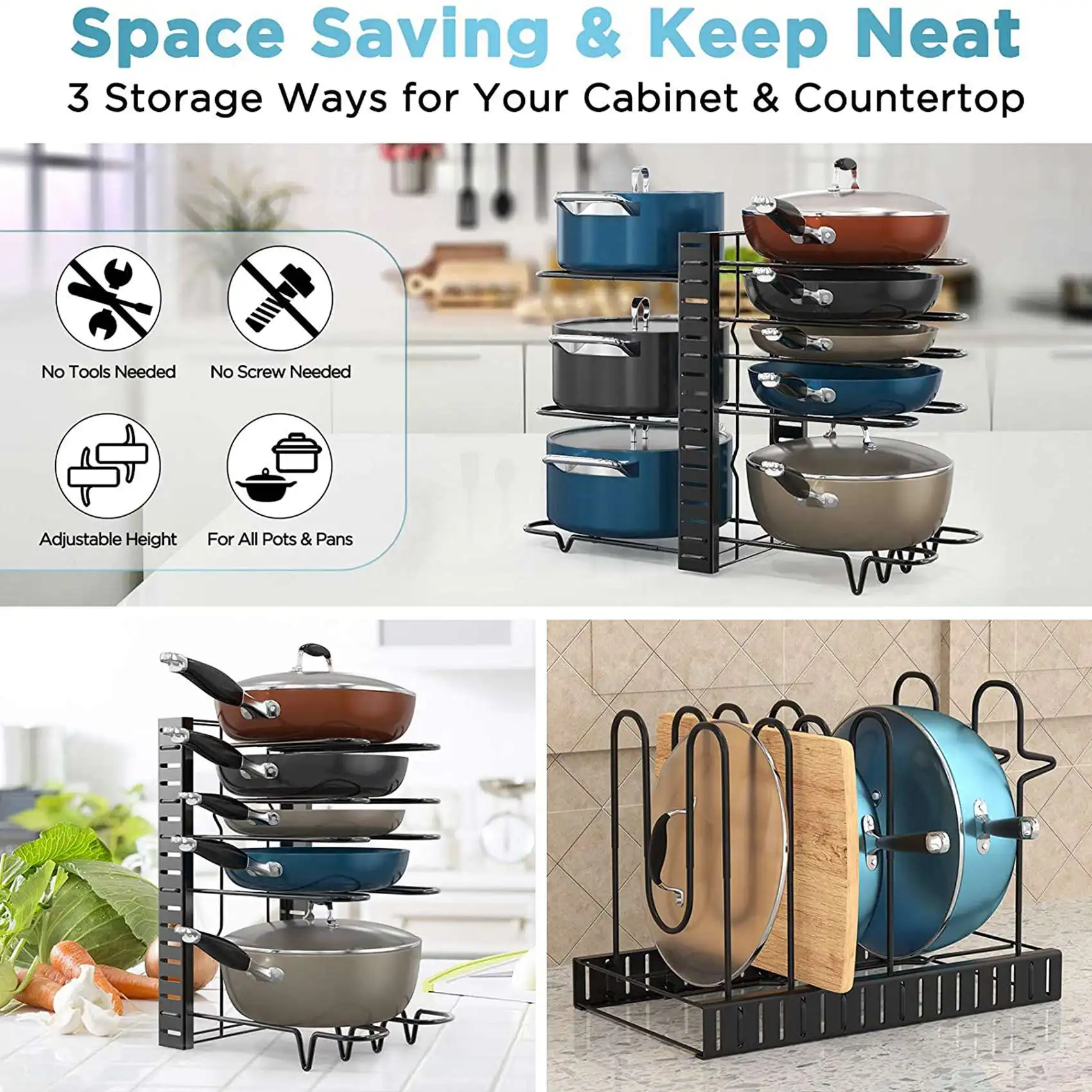 

【B07R】Pot Rack Organizers,Pots And Pans Organizer, Adjustable Pot Lid Holders & Pan Rack For Kitchen Counter And Cabinet