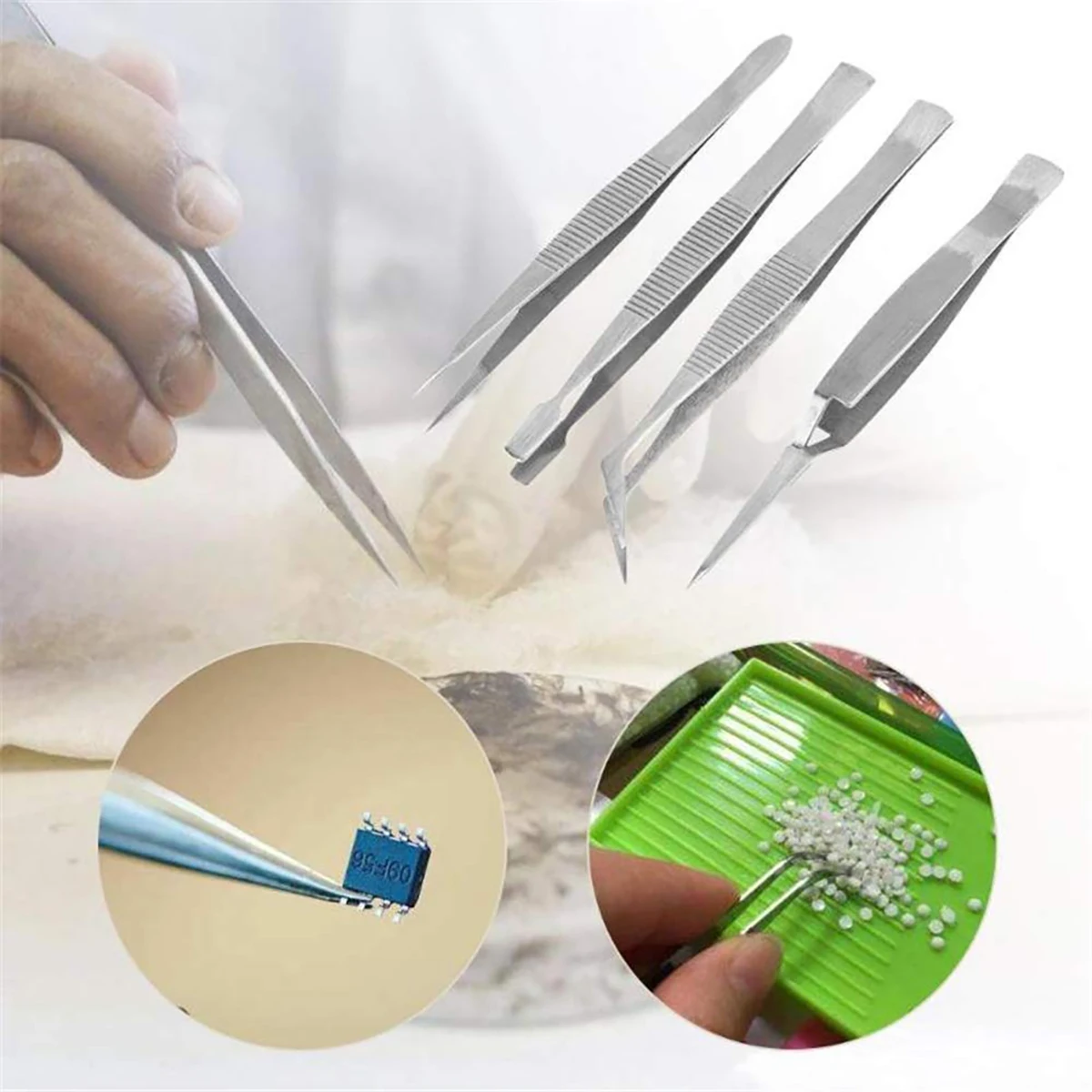 KMT 4Pcs Stainless Steel Tweezers Set, Multifunctional Picking Tool for Electronic Craft Jewellery Stamps Model Making