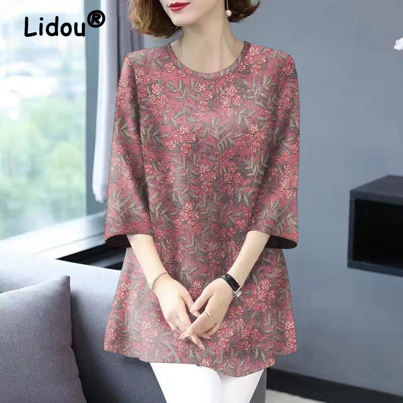 Middle Aged Women Stylish Vintage Floral Print Elegant Tunic Tops Female Summer Korean O Neck 3/4 Sleeve Loose Ice Silk T-shirt