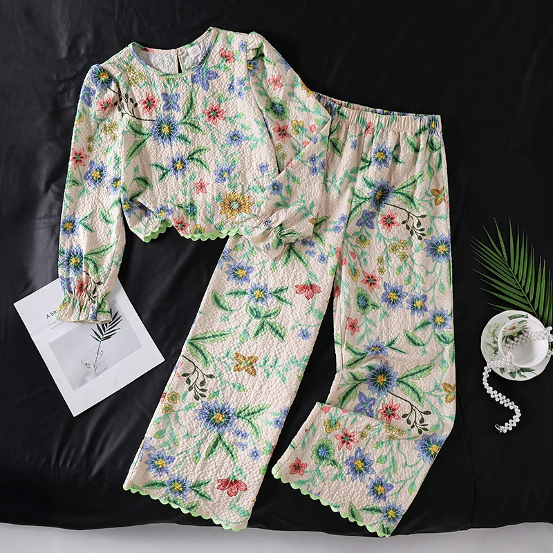 Teen Girls Botanical Print Casual Outfit, Back Keyhole Frilled Cuff Blouse Matching Scalloped Edge Loose Wide Leg Pants