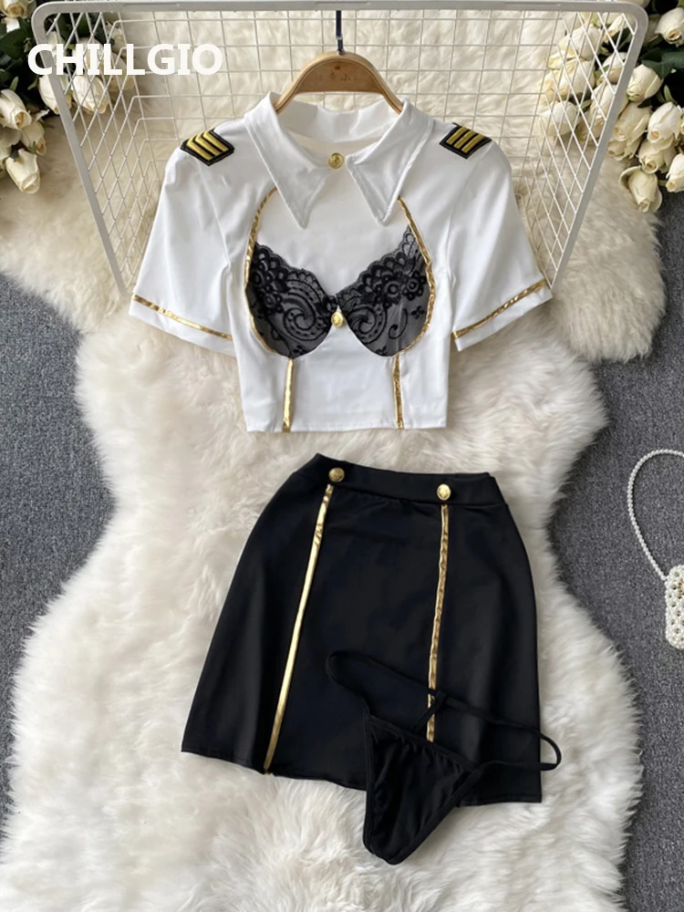 CHILLGIO Women Sexy Uniform Skirts Suits Lace Patchwork Turn-down Collar Tops Mini Skirt Underpants 3 Pieces Erotic Pajamas Sets