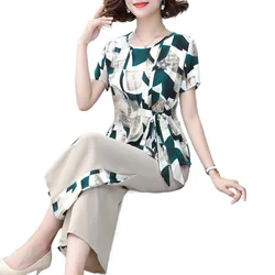 Fashion Women Summer Chiffon Top Short Sleeve Two Piece Patchwork Print Casual High Waist Wide Leg Pants Fashion Set Plus size