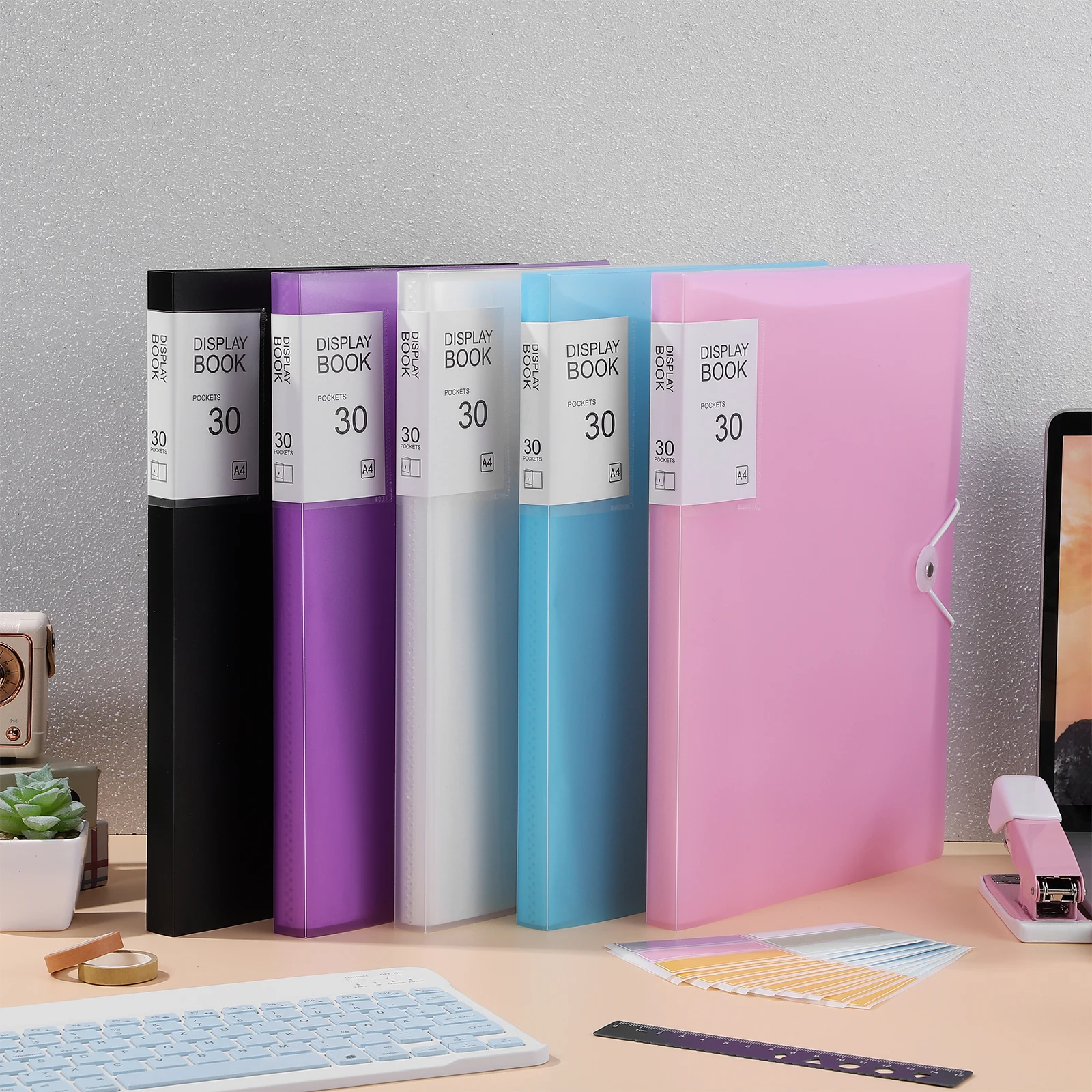 

5 Pcs A4 Display Folder 30 Pages Clear Plastic Sleeves 10 Stickers Portfolio Binder Secure Elastic Travel School Certificate