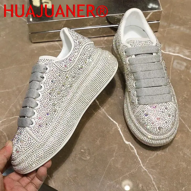 New Brand Women Fashion Casual Glitter Sparkling Sneakers Women Encrusted Lace Up Shoes White Sole Fashion Street Sneakers Shiny