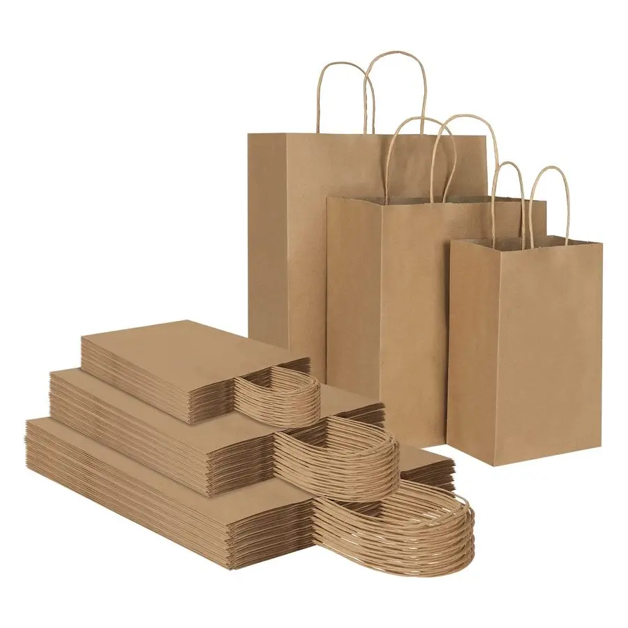 Paquete de 90 bolsas de papel Kraft marrón liso con asas a granel, bolsas de regalo de varios tamaños surtidos para recuerdos, comestibles, venta al por menor, fiesta