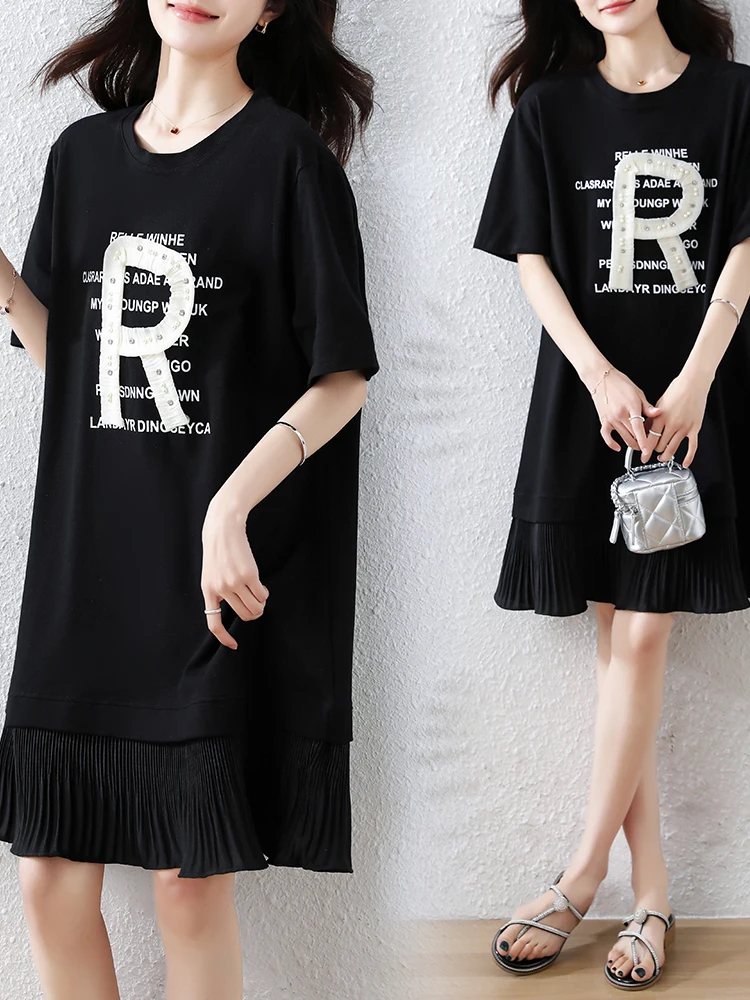 Vestido T-irt F Estilo Coreano Solto, Novo Vestido de Verão Plus Size com Capuz, Vestido Midi de Manga Curta que Cob...