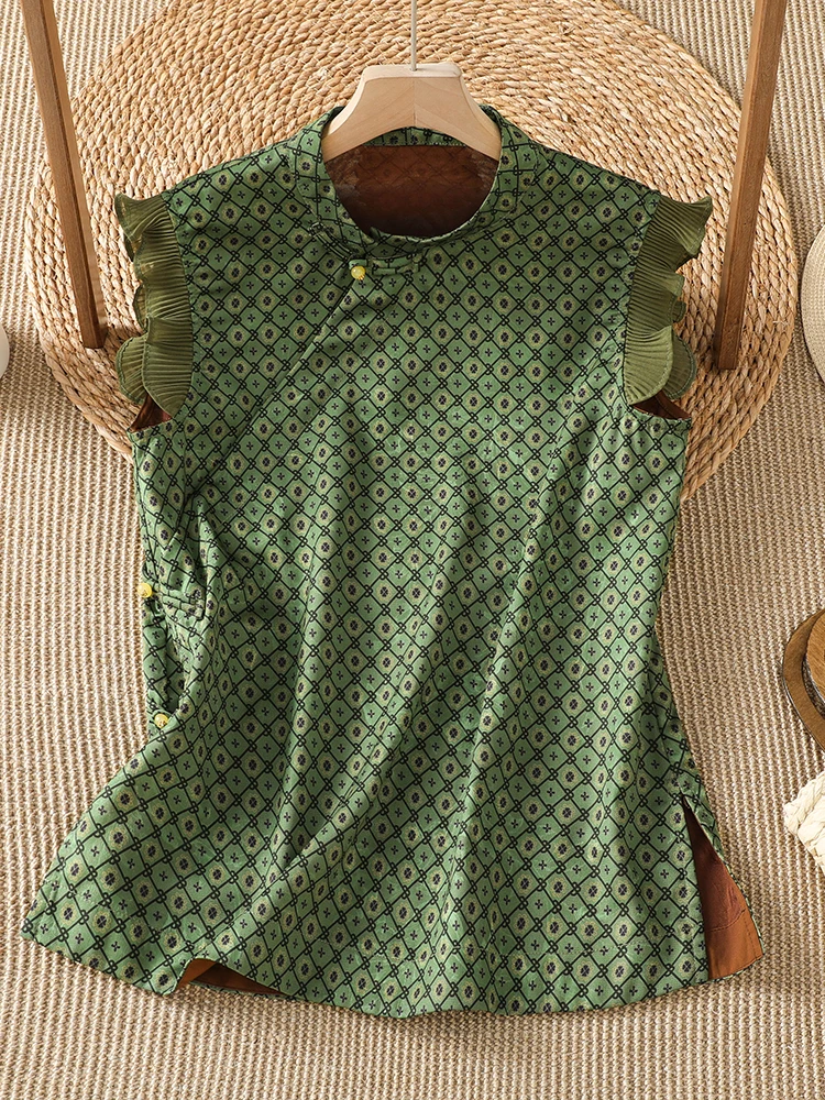 New Chinese Style Double Layer Printed Oblique Collar Button Shirt Women's Summer New Style National Trend Improved ...