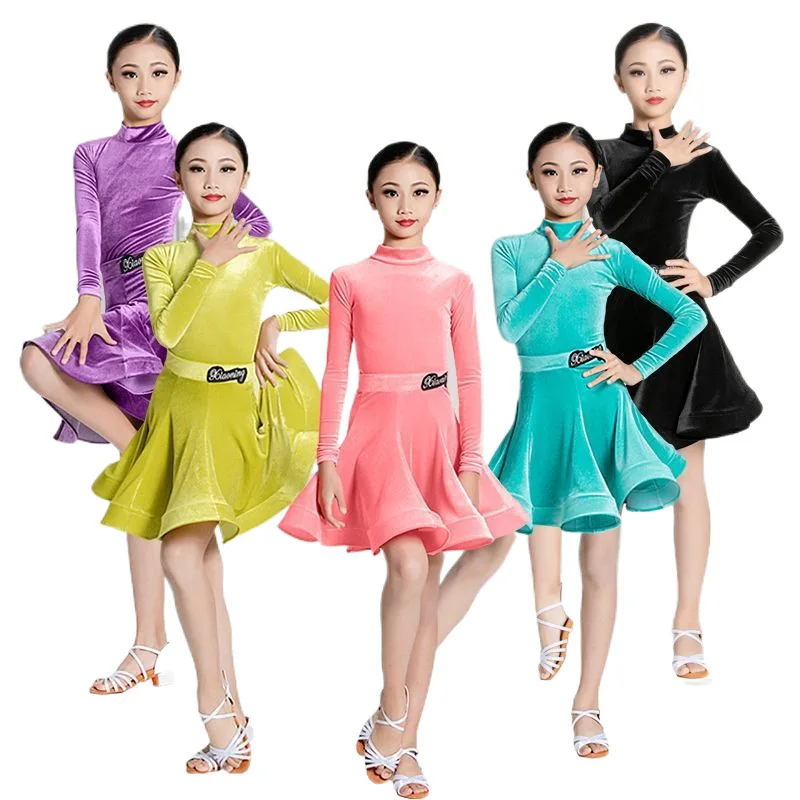 Новая зимняя детская юбка для латинских танцев, бархатный тренировочный костюм с длинными рукавами, танцевальный костюм для девочек, профессиональный детский конкурс