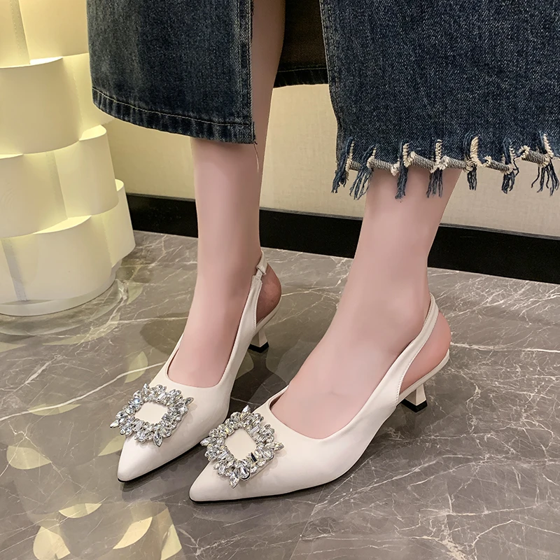 Baotou After The Empty Sandals Summer New Square Buckle Fine Heel Diamond Pointed Shallow Mouth High Heel Women's Single Shoes