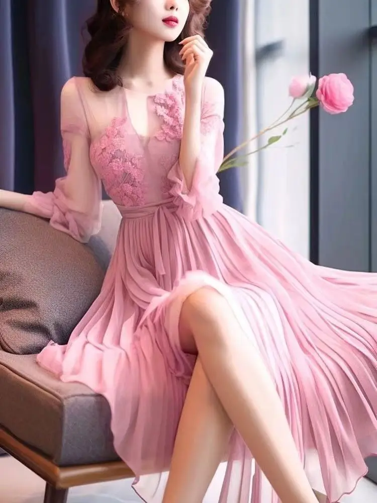 French Style High Sense Machine Embroidery Dress Female Summer New MeshaRuffled Pleated Skirt