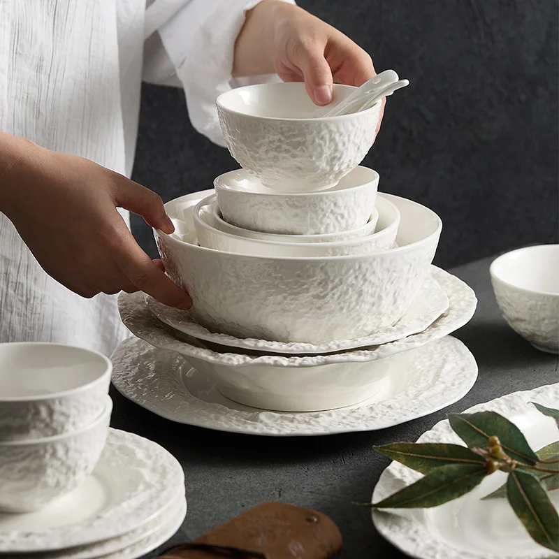 Dishes set, home luxury high-end feel, bowl and chopsticks combination, white ceramic tableware set.