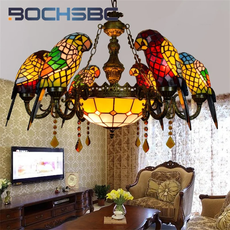 BOCHSBC Tiffany Light Luxury stained glass double bird multi-head chandelier Garden Living room Bar restaurant aisle parrot deco