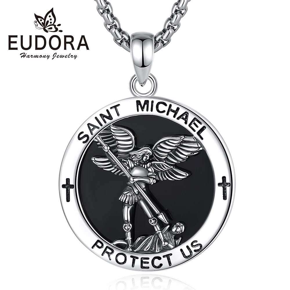 Eudora Obsidian St. Michael Necklace Copper Archangel Medal Cross Pendant Christian Amulet Protection Jewelry Gift for Men Woman