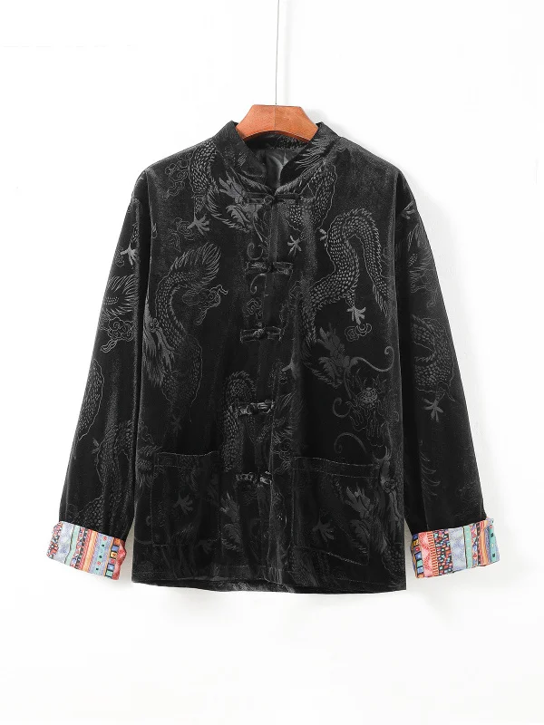 

Новый китайский Sle, модная брендовая одежда для чая в стиле дзен, костюм Тан, дэт, мужской осенний ветер, дракон, узор, вышивка, воротник-стойка, Чжун...