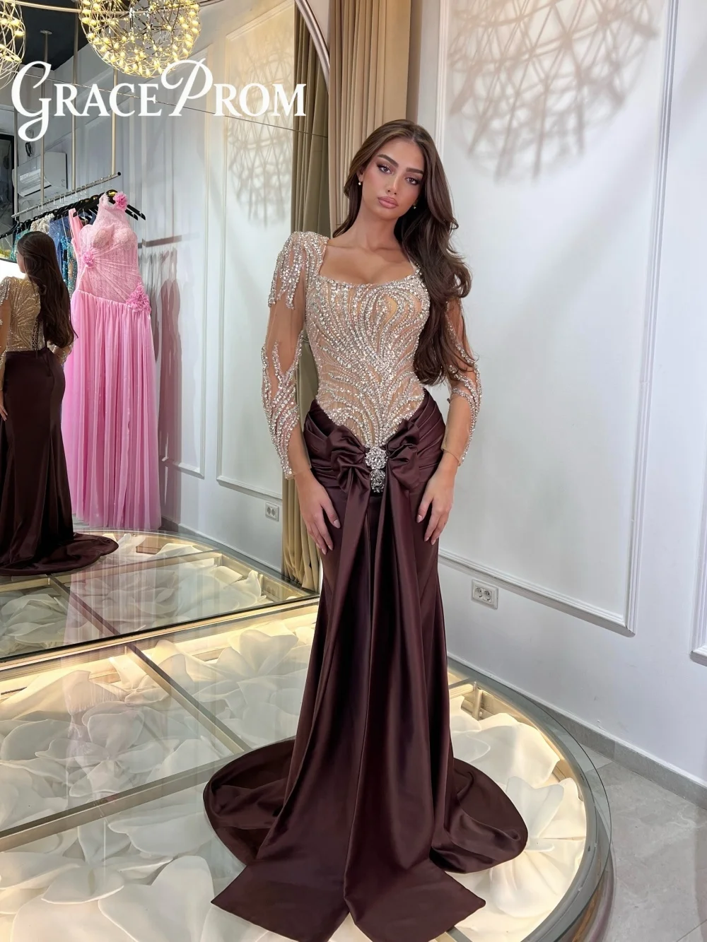 ชุดราตรีแขนยาว GraceProm ปี 2026 ประดับด้วยคริสตัลระยิบระยับ ชุดราตรีทรงเมอร์เมดยาวกรอมพื้น สำหรับงานปาร์ตี้