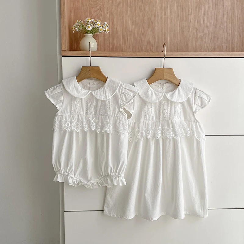 2026 Summer 0-24M Baby Girl Embroidery Collar Bodysuit 2-6Yrs Kid Sweet Party Sleeveless Floral Dress White Sister Dress
