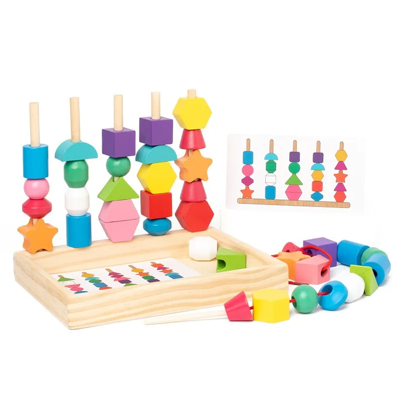 Ensemble de blocs de construction en bois pour enfants, forme, perception, illumination, arc-en-ciel, cinq colonnes, boîte de perles, jouets