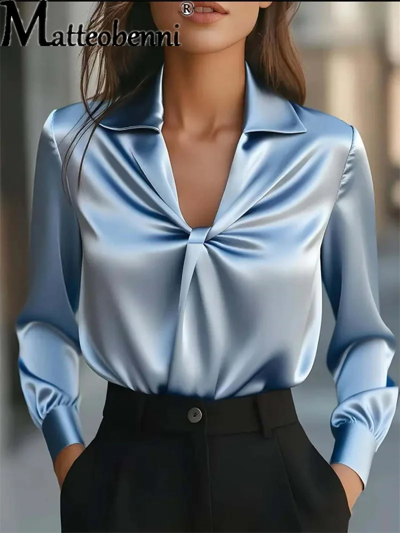 2025 Women Elegant Blouse Autumn Solid Turndown Collar Ruffle Design Shirts Casual Long Sleeve Shirt Office Ladies Blusas Mujer