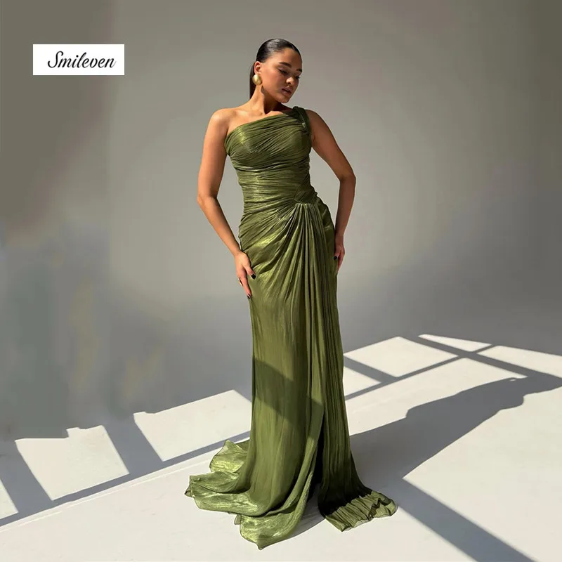 

Smileven Green Island Satin Evening Dresses One Shoulder Sleeveless 2025 Prom Dress Pleats Prom Party Gowns 2024 Customized