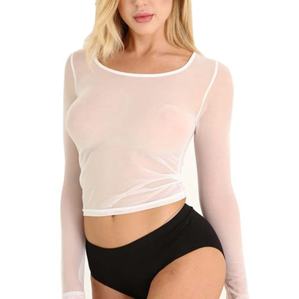 Women's Soft Top Spandex White Black Sheer T-Shirt Tee Blouse Breathable Long Sleeve Round Neck See Through Tops