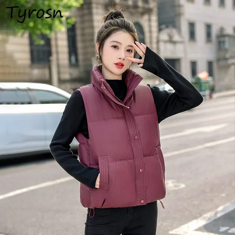 

Vests Women Autumn Winter Warm Solid All-match Stand Collar Wind-proof Pocket Outwear European Style Cozy Casual Cotton Coats