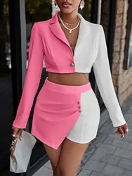 2024 Autumn New Women's Turn-down Collar Color Contrast Short Suit Set Women's Fashion Casual Two Pieces Suit Full Set