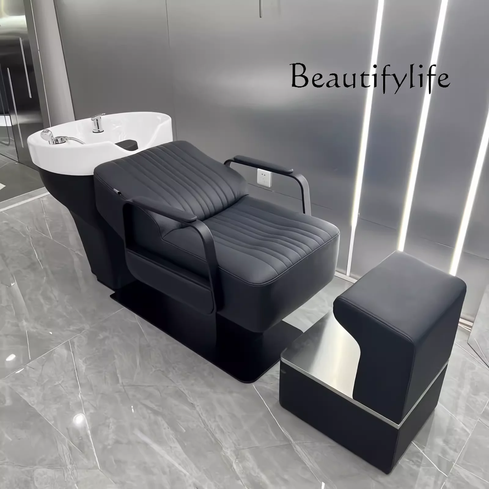 Hair Salon High-End Ceramic Basin Shampoo Chair Barber Shop Stainless Steel Half Lying Flushing Bed