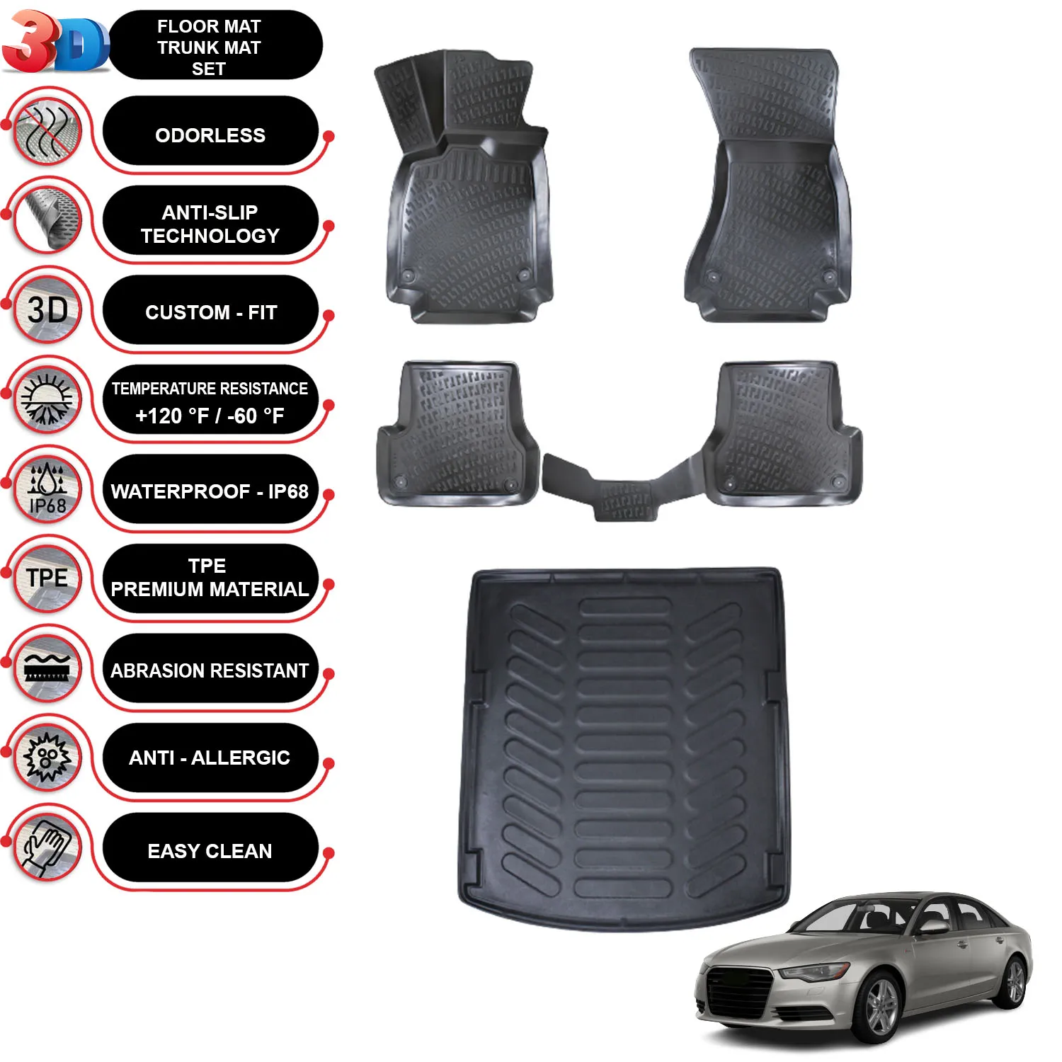 

Audi A6 C7 - (2011-2014) - Floor Mats + Cargo Trunk Liner - SET - (Black)