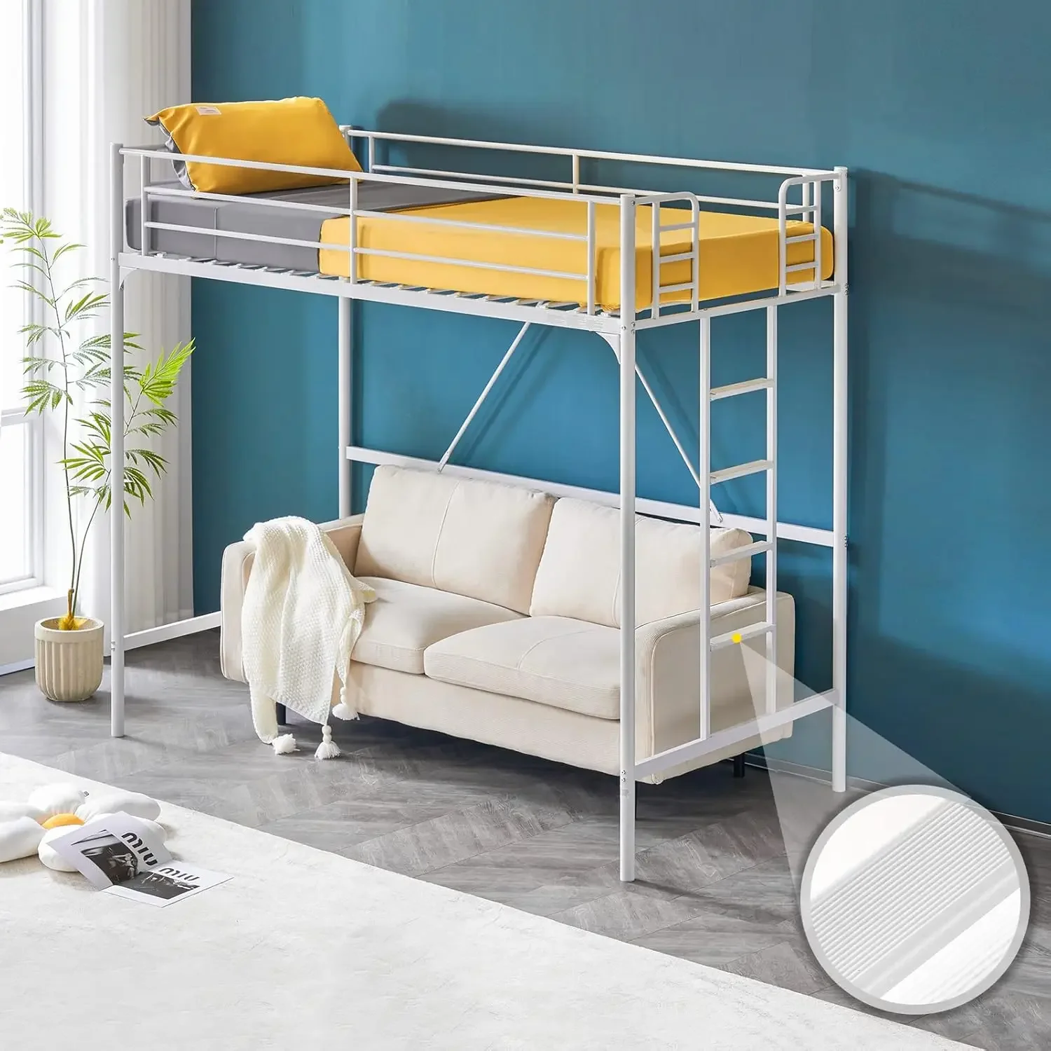 Loft Bed Twin for Kids Loft Bunk Bed Frame with Stairs/Flat Ladder Rung,Metal Single Loft for Adults, No Box Spring Required, Wh