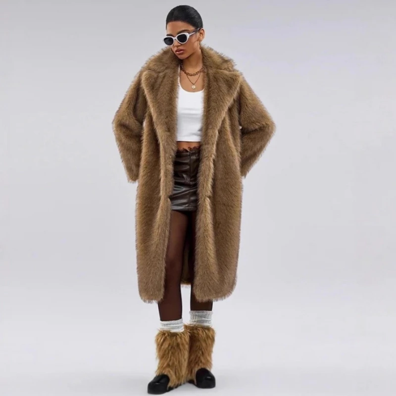 Autumn Winter Women's Long Faux Fur Coat Warm Soft Fluffy Fur Jacket Trench Coat Lapel Outerwear Coat Faux Fur Jacket Top Trend