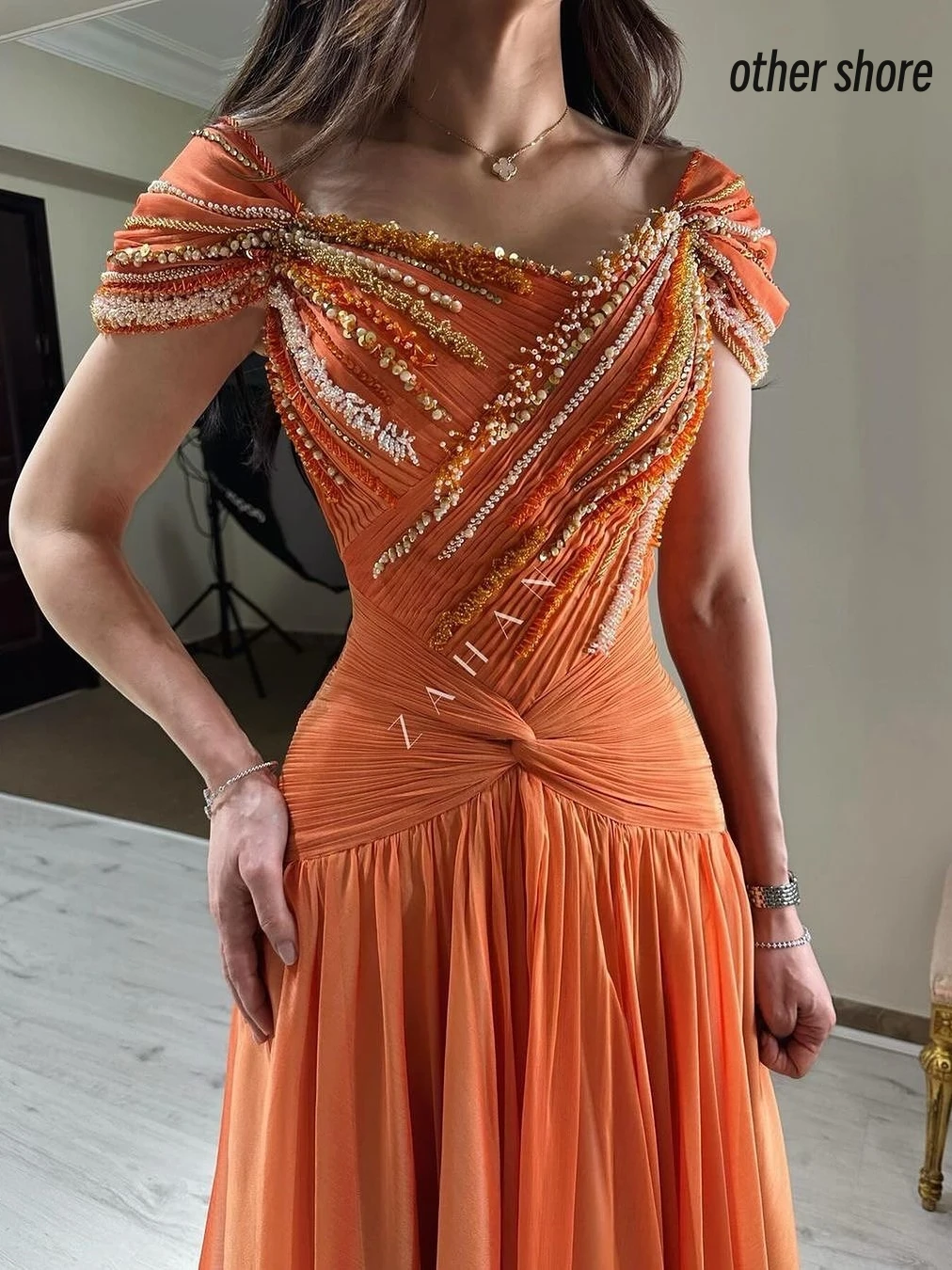 Andere Shore elegante vintage zoete oranje kralen chiffon ruche zomer aanpassen formele gelegenheid galajurk avondjurken