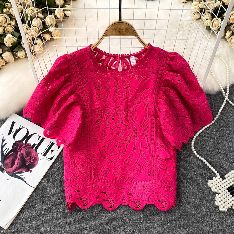 Vintage Lace Hook Flower Hollow Out Shirt Women Blouses Solid 2024 Summer Vintage Blusas Mujer Korean Fashion Sweet Short Shirts