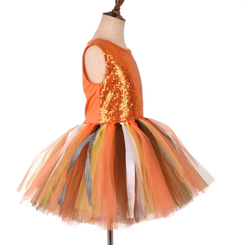 Halloween Girls Pumpkin Themed Party Costumes Cute Funny Outfit Net Yarn Sequin Tutu Dresses Kids Birthday Fancy Dress