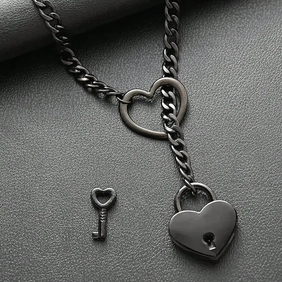 

Heart Lock And Key Slip Chain Necklace Punk Gothic Stainless Steel Women Fashion Pendant